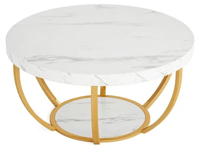 Zdjęcie produktu dla Okrągły stolik kawowy - stolik do salonu o średnicy 80,5 cm - dwupoziomowy design - blat drewniany - nowoczesny, minimalistyczny styl - kolor biały i złoty