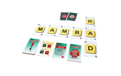 A collection of Scrabble cards and game pieces arranged on a white background.