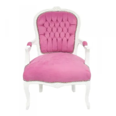 A vintage-style armchair with a tufted pink velvet back and seat, and a white ornate frame.