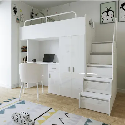 Produktbild von Marlux-Meble Hochbett JSM-4 90x200 mit Kleiderschrank Schreibtisch und Treppe Hochglanz Kinderbetten Funktionsbett Etagenbett Stockbett Kinderhochbett Jugendhochbett (Weiß Glanz)