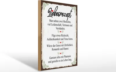 Produktbild von Holzschild Liebesrezept nehme 2  Menschen Retro, 40x30 cm, Holzschilder Spruch Glück Weisheit Liebe Paar
