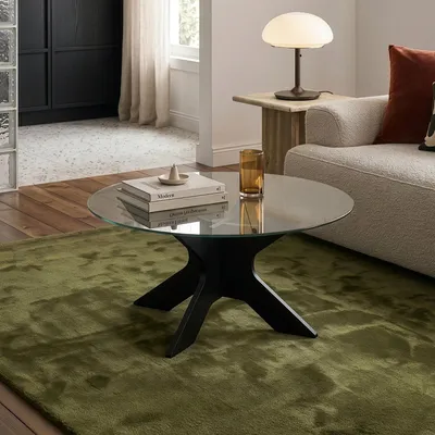 Image de Table basse "Imi", diamètre 70 cm, plateau rond en verre fumé, couleur noire/gris