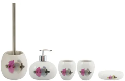 Produktbild von MSV Badezimmer Set, 5-teiliges Badzubehör aus Keramik Borneo, Seifenspender, WC Bürste, Seifenschale und Zahnputzbecher Weiß