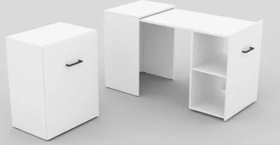 A white modular desk and storage unit shown from a three-quarter angle against a light gray background.