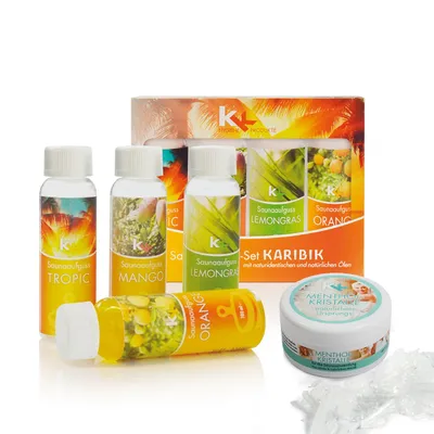 Zdjęcie produktu dla Zestaw do nawadniania sauny KK „Karaiby” | 4 butelki po 100 ml wraz z puszką kryształków mentolu (50 g)