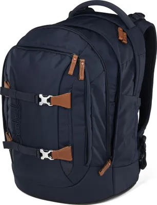A navy blue backpack with brown leather accents is shown against a white background.