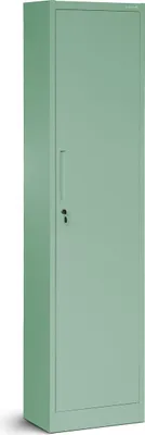 A tall, narrow, single-door metal cabinet, colored in a soft pastel green.