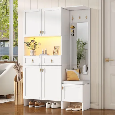 Produktbild von Merax Garderobenset, mit Schuhschrank, Schuhbank, Wandgarderobe, 3 Haken, 5 Türen, 2 Schubladen, Spiegel, Flurmöbel, Garderobenständer, Weiß