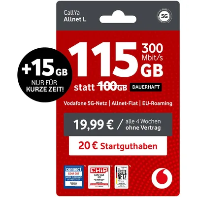 Produktbild von Vodafone Prepaid CallYa Allnet L | 115 statt 100 GB | 20 EUR Guthaben | ohne Vertrag | 5G | Allnet Flat | EU-Roaming | weltweit nutzbar