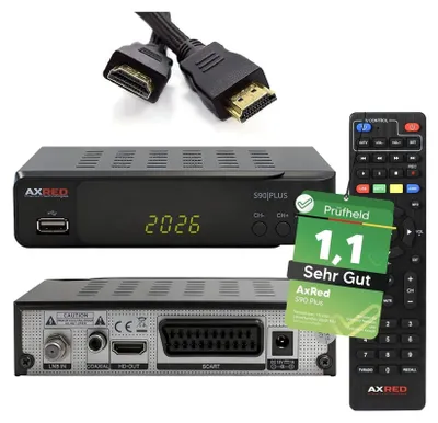Produktbild von AXRED S90 Plus Sat Receiver mit Aufnahmefunktion, HD fähig, Full HD, Digital Sat-Receiver für Satellitenschüssel Satelliten Satellit TV Fernseher, HD-Receiver, HDMI Kabel