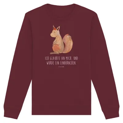 Produktbild von Mr. & Mrs. Panda Baumwoll Pullover Einhorn Glauben Größe L - Burgundy - Geschenk, Bio, Sweatshirt, Eichhörnchen, Eichhorn, Einhörnchen, Einhörner, Unicorn, Pulli, Sweater