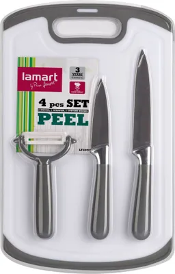 Obrázek produktu pro LAMART LT2097 Nůž loupací 20 cm a 23,5 cm, univerzální plastové prkénko 33,5 x 21 cm,  škrabka 14 cm.