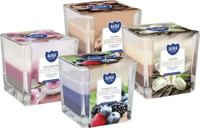 Zdjęcie produktu dla ZESTAW Świeca zapachowa w szkle trójkolorowa BISPOL Aura 32H MIX "7" 4szt.