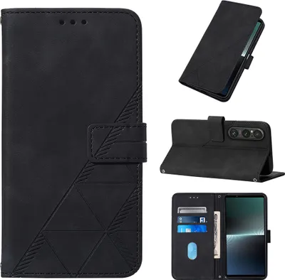Obrázek produktu pro Flipové kožené pouzdro pro Sony Xperia 1 V peněženkový design pouzdro s embosováním, držákem karet a stojánkem černé
