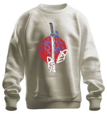 Produktbild von Katana Samurai Kitsune Maske Sakura Kirschblüten Japan Sonne Sweatshirt Pullover, Natur, XXL