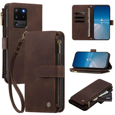 Image de Étui pour Samsung Galaxy S20 Ultra 5G, en cuir synthétique, type portefeuille, avec emplacements pour cartes, poche zippée, support intégré et dragonne. Couleur : marron
