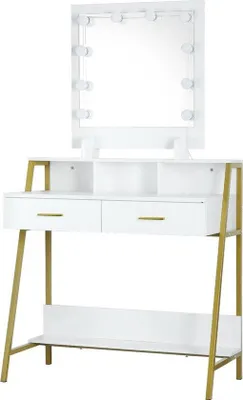 Image de Coiffeuse avec miroir et éclairage, blanche et dorée, 90 cm