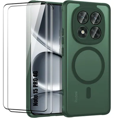 Image de Coque + 2 Verres Trempés pour Xiaomi Redmi Note 15 Pro 4G, avec Cercle Magnétique - Vert Nuit