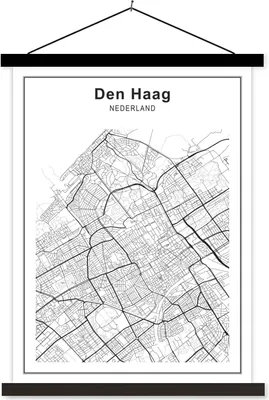 Produktbild von MuchoWow® Textilposter Stadtplan - Den Haag - Schwarz und weiß 60x80 cm mit schwarzem Rahmen - Plakathalter