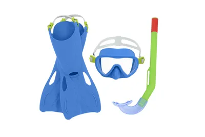 A set of snorkeling gear, including fins, a mask, and a snorkel, laid out on a white background.