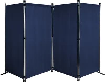 A dark blue, four-panel room divider is shown from a slightly angled front view against a white background.