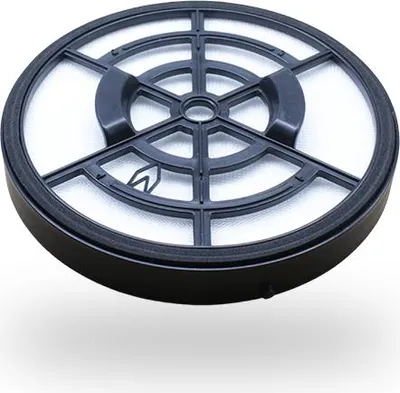 A round vacuum cleaner filter with a black plastic frame and white filter material.