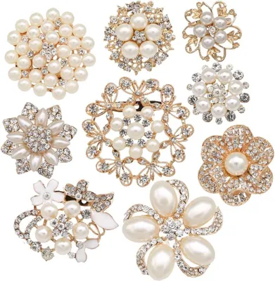 Produktbild von 9-teiliges Set mit Strass-Broschen in Roségold, Brautstrauß-Set mit großen Perlen und Kristallen
