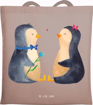 Produktbild von Mr. & Mrs. Panda stofftasche baumwolle Pinguin Pärchen - Braun Pastell - Geschenk, Tasche, Verknallt, Uni, Jutebeutel, totebag, Liebe, Hochzeitsgeschenk, Hochzeitstag