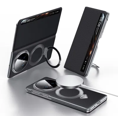 Produktbild von Leder MagSafe Hülle für Honor Magic V6 mit View Window Standfunktion Schwarz
