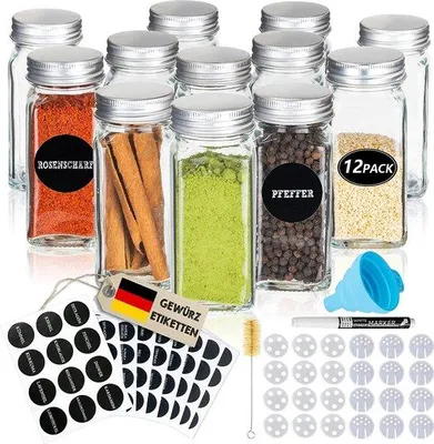 Produktbild von Kräuterpflanzenset mit 12 Dosen, Schraubendeckel, Kräuterkiste mit Etiketten, Schüssel, Reinigungsbürste, Pinsel, passt in unsere 4 Kräuterkörbe, leeres Glas-Opfassungsgerät & Streuer 120ml, 10,5x4,3cm