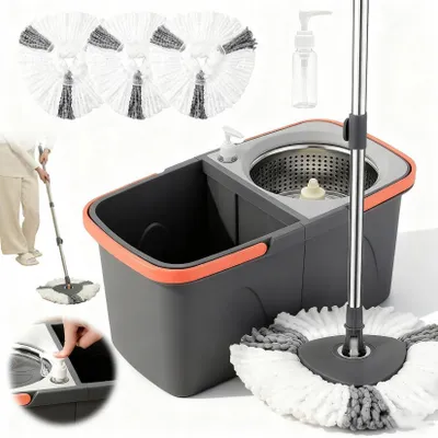 Produktbild von Wischmopp Set, Bodenwischer, Wischmop mit 360° Drehkopf Edelstahl-Teleskopstiel, 3 waschbaren Mikrofaser-Pads faltbarem Putzeimer mit Auswringfunktion