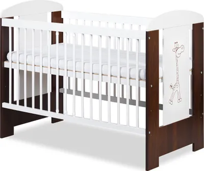 Produktbild von Babybett Gitterbett Kinderbett höhenverstellbar mit Matratze mit Schlupfsprossen Weiß Walnuss GIRAFFE 120x60 KMbaby