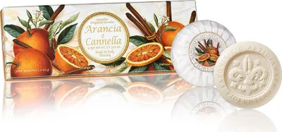 Immagine prodotto di Saponificio Artigianale Fiorentino Sapone Cannella e Arancia amorevolmente confezionato in una scatola regalo di alta qualità 3x100 g