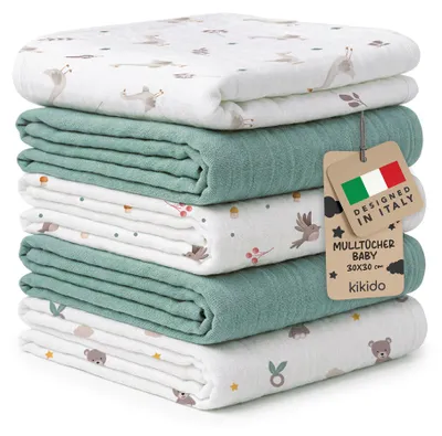 Produktbild von Kikido Spucktücher Baby 100 % Baumwolle 30 x 30 cm - 5er Set Mulltücher Baby - Grün