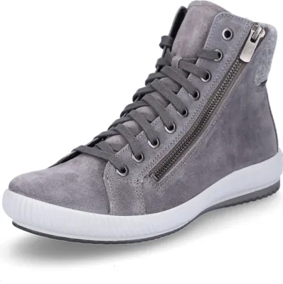 A single gray high-top sneaker with laces and a side zipper, presented on a white background.