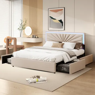 A bedroom scene featuring a bed with storage drawers and a modern headboard with LED lighting.