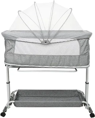 Produktbild von Babywiege Stubenwagen Reisebett Kinderbett klappbar Babybett Beistellbett Schaukelwiege mit Schaukelfunktion inkl. Moskitonetz, Matratze und Tasche (113 * 66 * 84cm (grau))