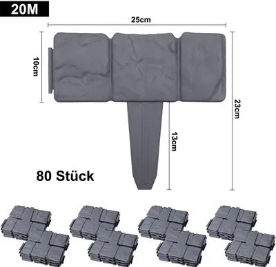 Obrázek produktu pro Obruba trávníku plastová ve vzhledu kamene 20m obruba záhonu sekací obruba záhonu obrubníky plastové pro palisádu zahrady 25cm x 23cm(D x V) - 80 kusů/20M antracit CEEDIR