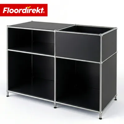 Image de Étagère métallique Floordirekt Concept Epure MK-030, L88 × P40 × H65 cm, noire, buffet bas avec 3 étagères et un compartiment de rangement, structure en métal chromé