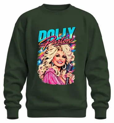 Immagine prodotto di Felpa girocollo, stile retrò, con la scritta "Dolly Parton", icona della musica country, cantante, anni '80. Colore: verde bottiglia. Taglia: XXL