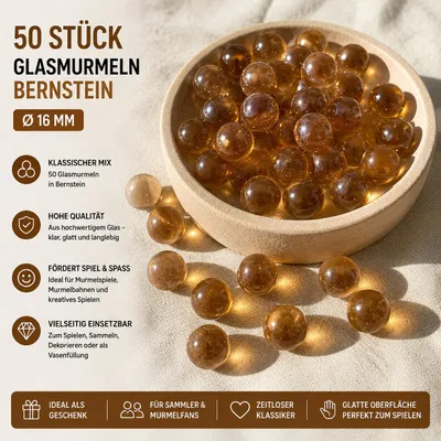 Produktbild von 50 Stück Glasmurmeln Bernstein Ø 16 mm – Transparente goldbraune Murmeln aus Glas – Murmel Set zum Spielen, Sammeln & Dekorieren, KI-generiertes Bild
