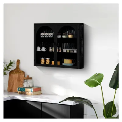 Produktbild von Moderner Hängeschrank mit 2 gewölbten Glastüren, Metall und Glas, Badschrank, Sideboard, hängend, Medizinschrank mit Webmuster für Küche und Bad, 70×23×60cm (Schwarz)