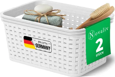 Produktbild von Novaliv 2 Stück Eleganter Aufbewahrungskorb in Rattan-Optik | Weiß Kunststoff 2L – Perfekt für Bad & Kleidungsaufbewahrung. Aufbewahrungsbox Badezimmer Körbchen Bad Organizer Korb Ordnungsbox