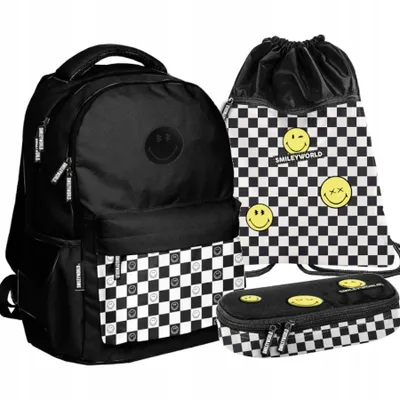 Immagine prodotto di Zaino scolastico per bambine e bambini con motivo SMILEY, set da 3 pezzi: zaino, astuccio e borsa – Mega-Set Paso