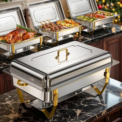 Produktbild von Warmounts Rechteckige Gold Chafing Dishes Buffet Set 4er, je 7,6 L, Edelstahl Speisenwärmer mit Mehrgrößen-Einsätzen, Klapprahmen, Deckelhalter