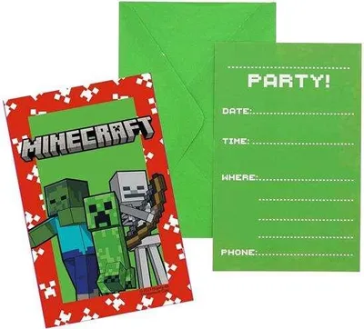 Zdjęcie produktu dla Zadziwiające zaproszenia Minecraft z kopertami – zestaw 6 sztuk! Stwórz niezapomniane chwile z przyjaciółmi i rodziną dzięki wyjątkowym zaproszeniom w ulubionym stylu gry!