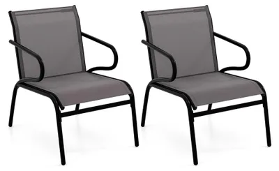 Produktbild von Gartenstühle 2er Set, Balkonstühle mit atmungsaktivem Stoff und Metallrahmen, Terrassenstühle mit Armlehnen, bis 150 kg belastbar, für Garten, Terrasse, Balkon, Grau