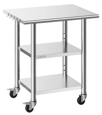 Obrázek produktu pro Pracovní stůl VEVOR Gasto 762 x 610 x 864 mm, nerezový stůl se 3 úrovněmi, kolečky a výškově nastavitelnými policemi; nosnost horní desky 227 kg a 2 spodních polic po 191 kg; přípravný stůl pro restaurace