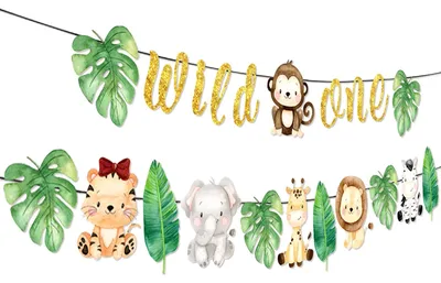 Image de Décoration pour une fête d'anniversaire sur le thème de la jungle - Bannière avec des animaux de safari