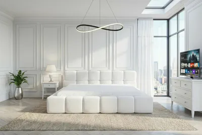 Produktbild von Polsterbett mit Bettkasten BAHRA / LAMBI 1 Weiss / Schlaffläche 140 cm x 200 cm/ Metallrahmen / Bett mit gepolstertem Kopfteil/ Bouclé, KI-generiertes Bild